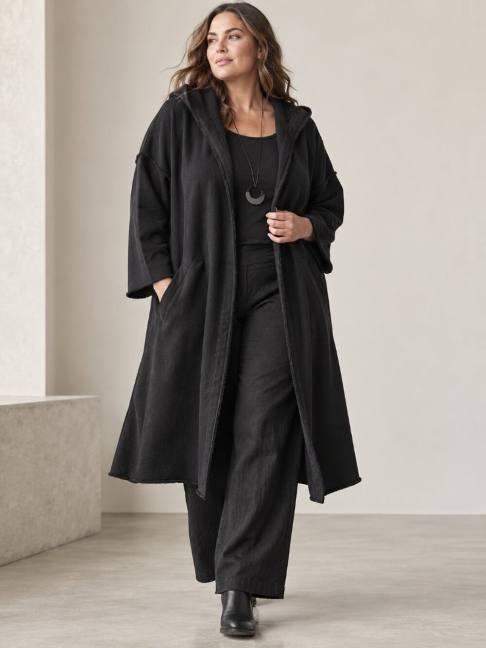 Eileen Fisher XL Black Organic Cotton French Terry Long Hooded Jacket